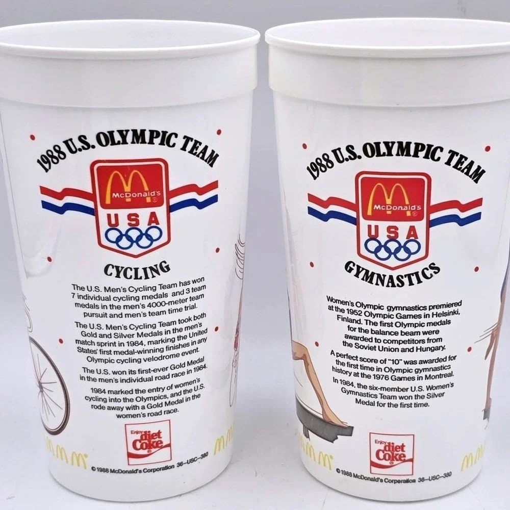 McDonalds USA Olympic Team Cups Vintage 1988 Cycling Gymnastics Set‎ of 2